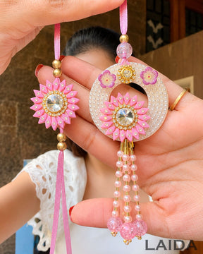 Handcrafted Pink Floral pearl Beaded Lumba Set - Rakhi