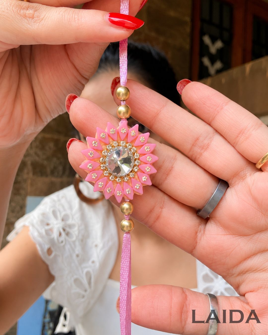Handcrafted Pink Floral pearl Beaded Lumba Set - Rakhi