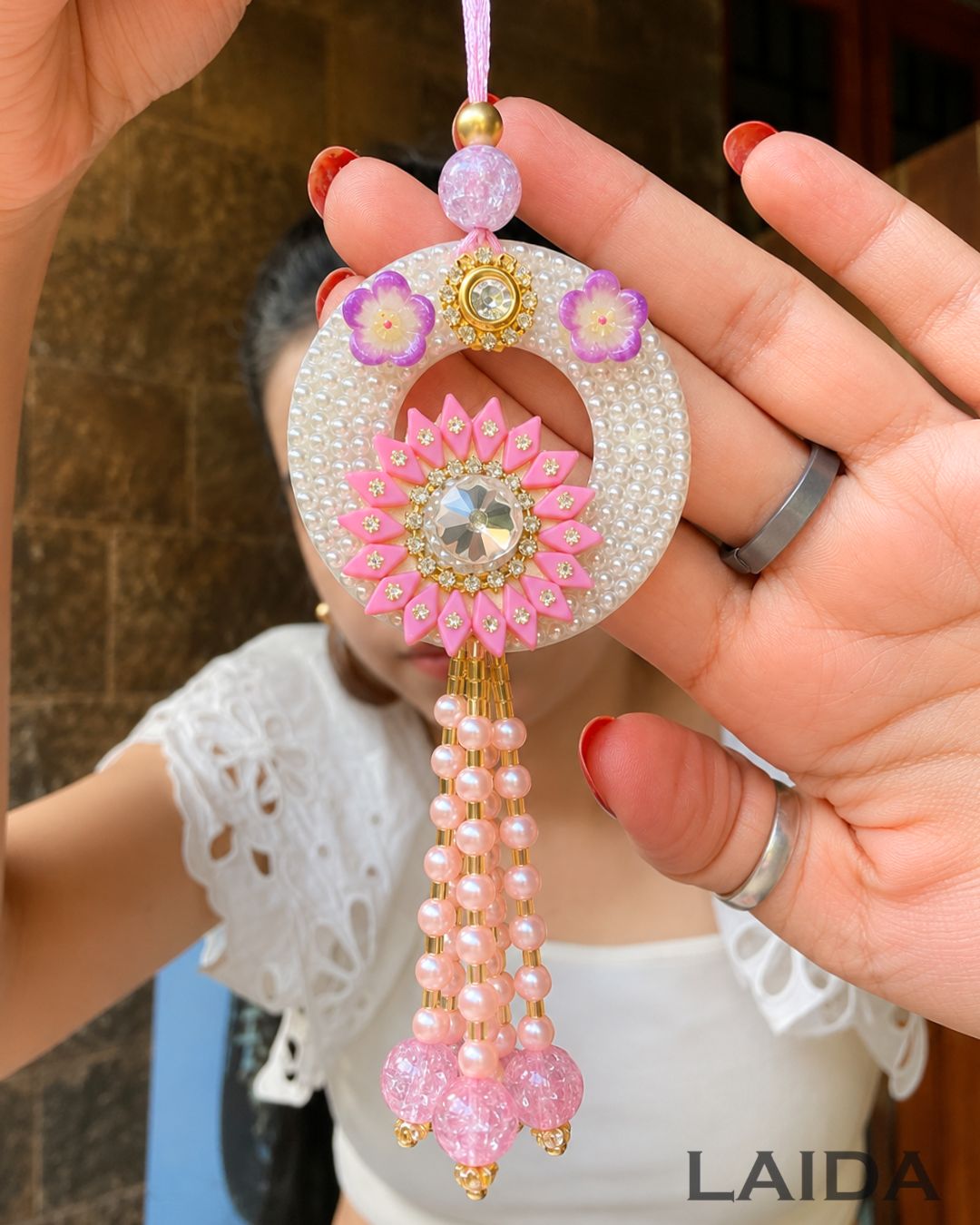 Handcrafted Pink Floral pearl Beaded Lumba Set - Rakhi
