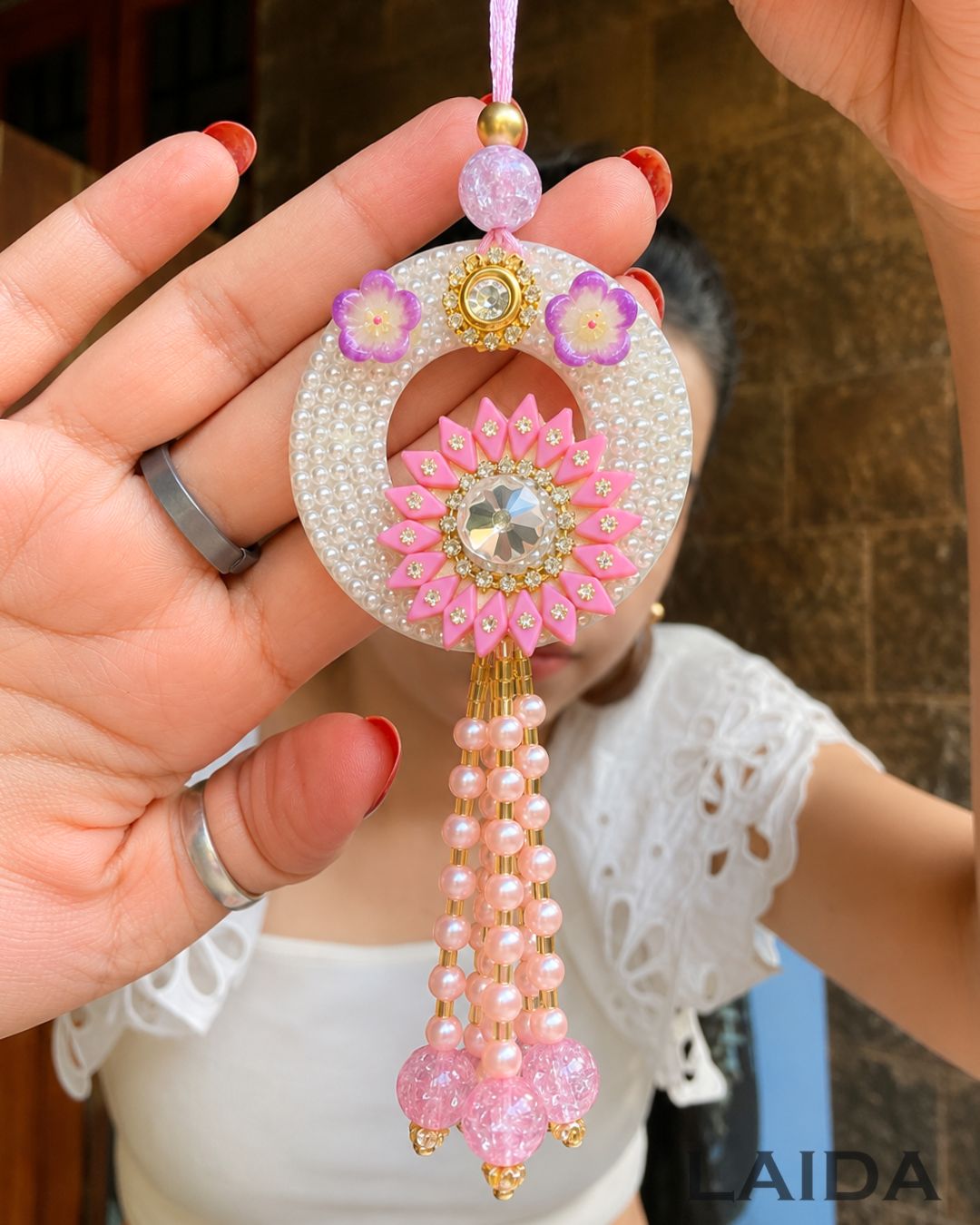 Handcrafted Pink Floral pearl Beaded Lumba Set - Rakhi