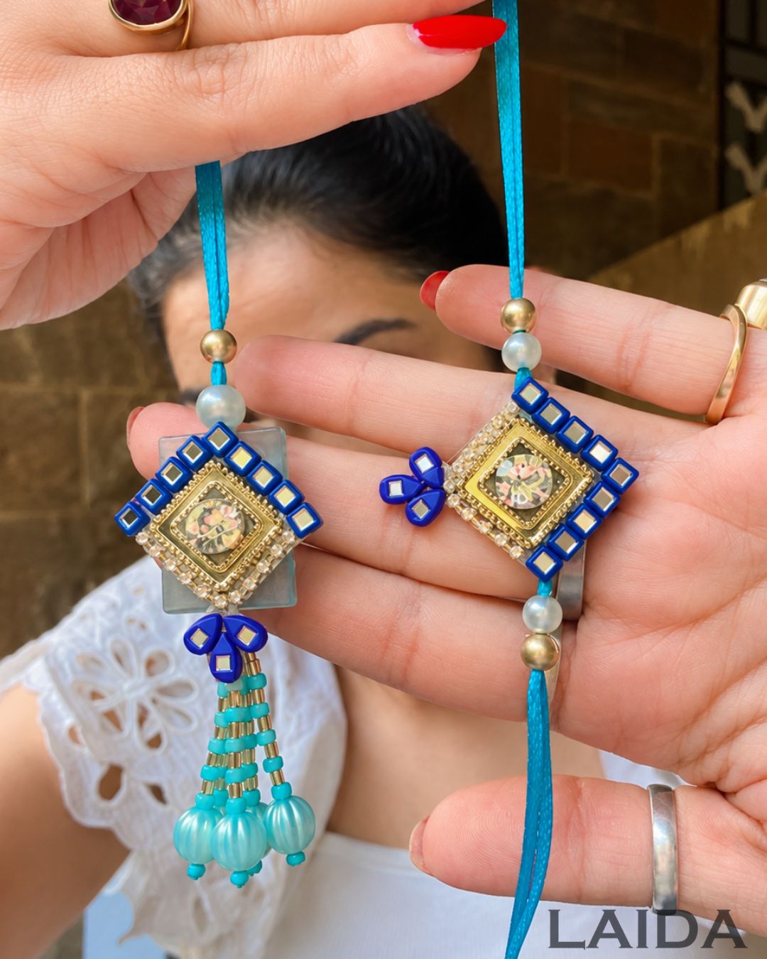 Handcrafted Navy Blue Mirror Lumba Set - Rakhi