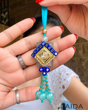 Handcrafted Navy Blue Mirror Lumba Set - Rakhi