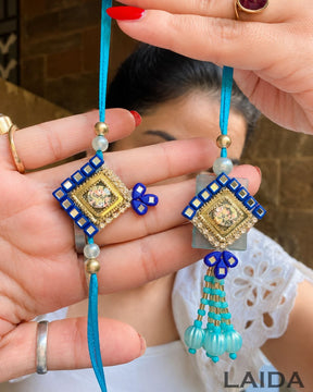 Handcrafted Navy Blue Mirror Lumba Set - Rakhi