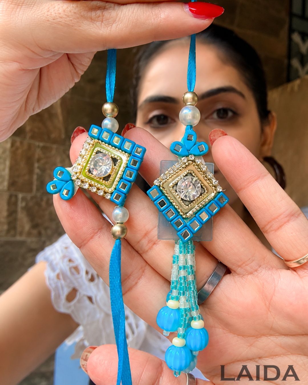 Handcrafted Blue Mirror Lumba Set - Rakhi