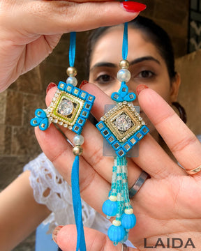 Handcrafted Blue Mirror Lumba Set - Rakhi