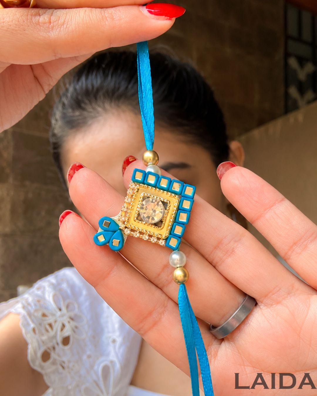 Handcrafted Blue Mirror Lumba Set - Rakhi