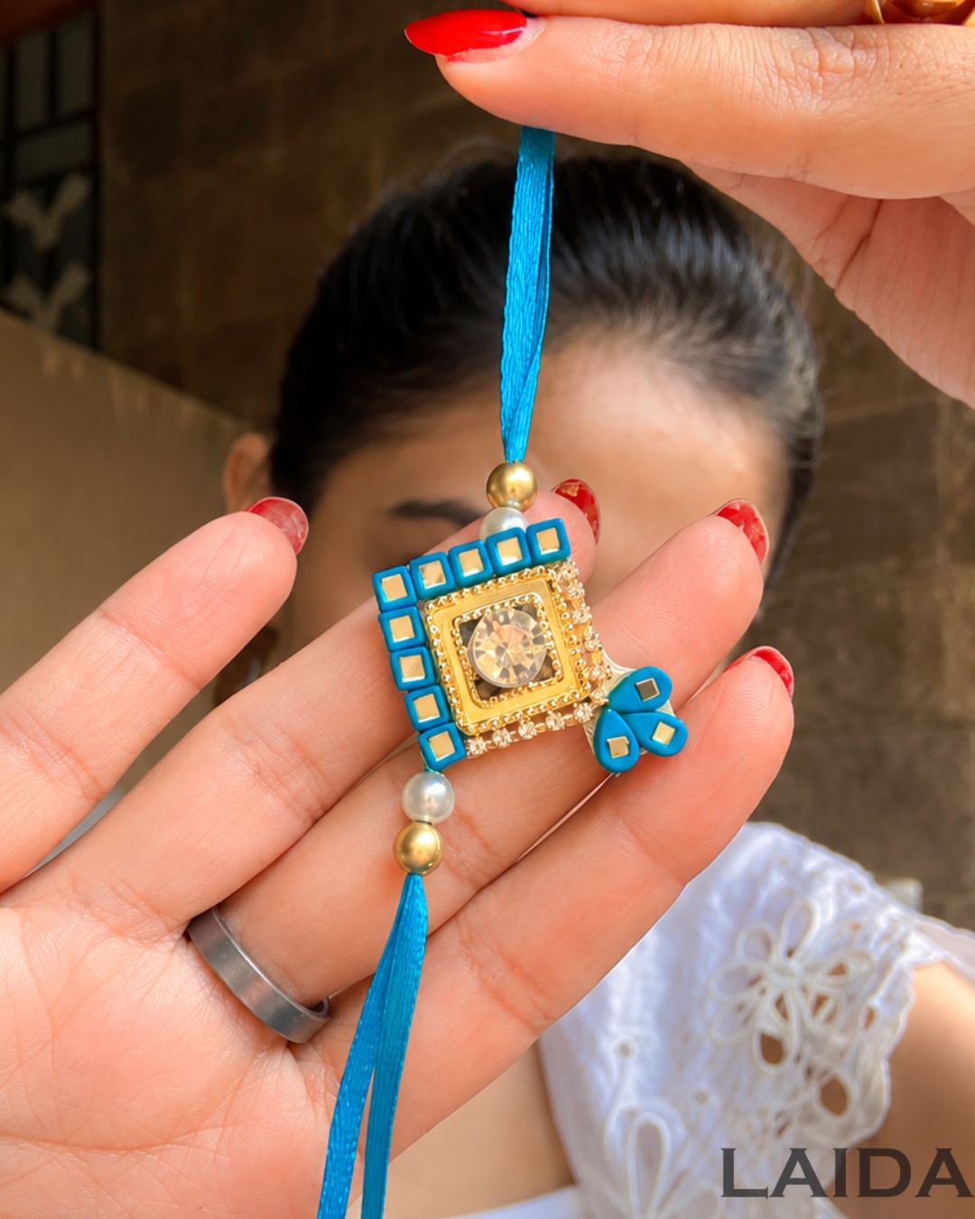 Handcrafted Blue Mirror Lumba Set - Rakhi