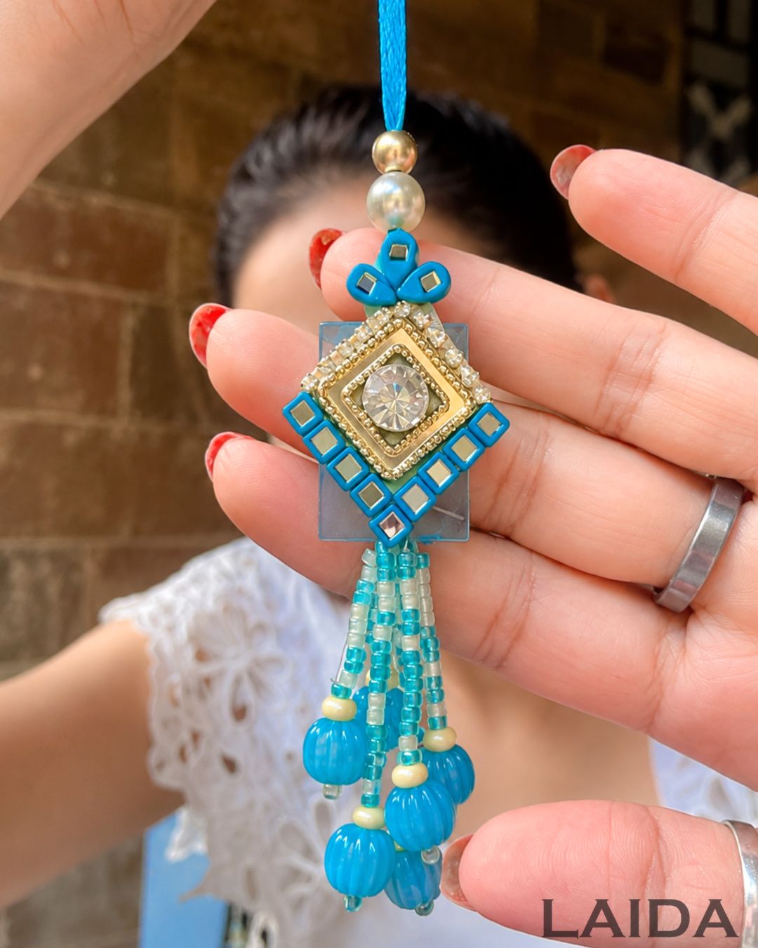 Handcrafted Blue Mirror Lumba Set - Rakhi