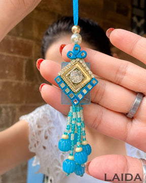 Handcrafted Blue Mirror Lumba Set - Rakhi