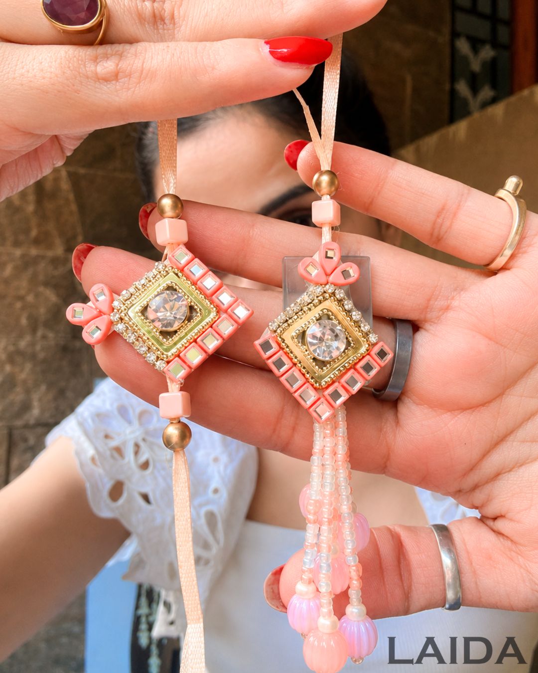Handcrafted Peach Mirror Lumba Set - Rakhi