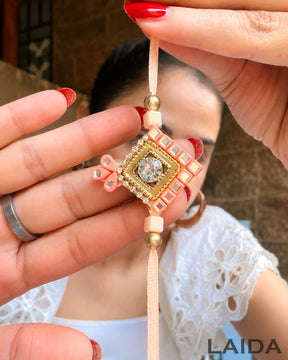Handcrafted Peach Mirror Lumba Set - Rakhi