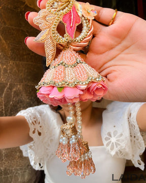 Handcrafted Peach Floral pearl Tassel Lumba Set - Rakhi