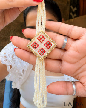 Handcrafted Red Mirror Work Pearl Bracelet Lumba Set - Rakhi