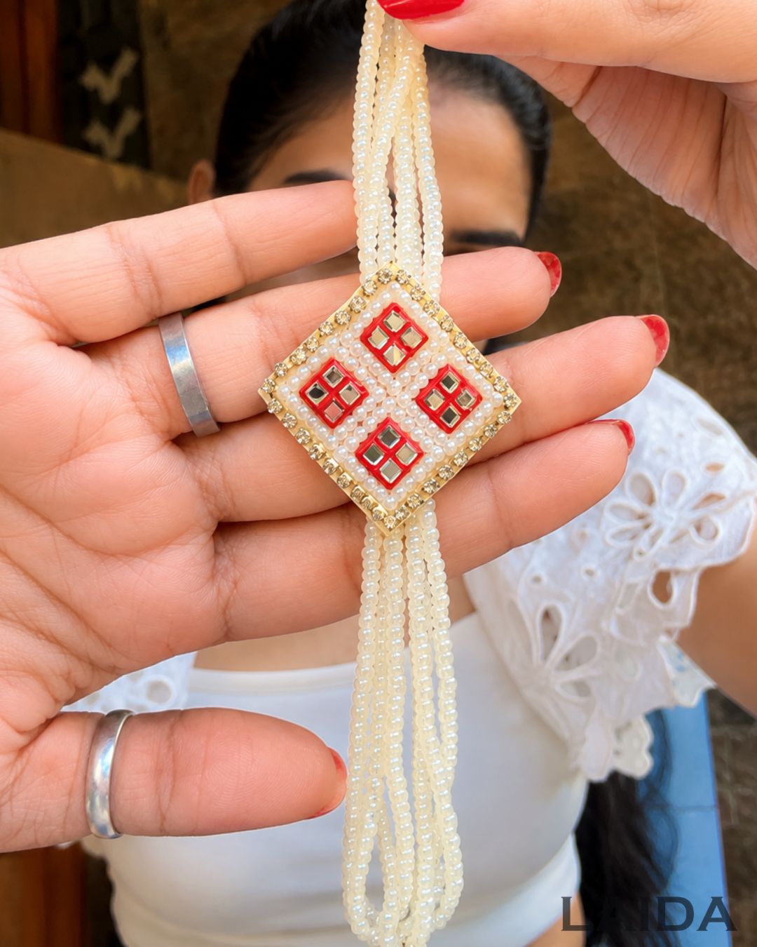 Handcrafted Red Mirror Work Pearl Bracelet Lumba Set - Rakhi