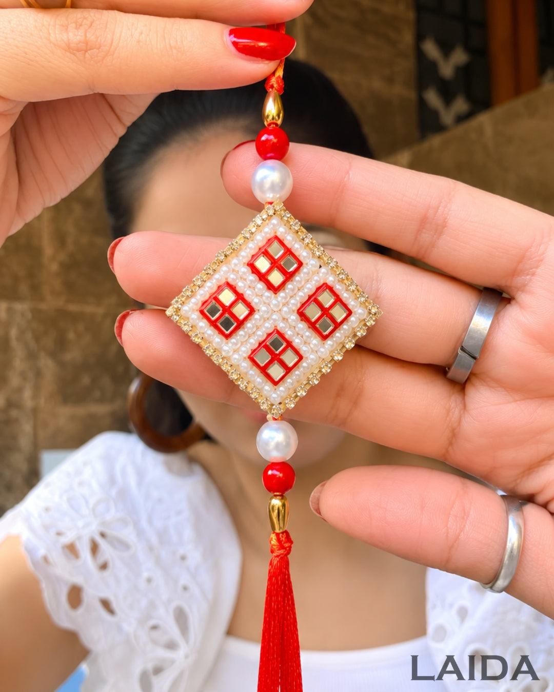 Handcrafted Red Mirror Work Pearl Bracelet Lumba Set - Rakhi