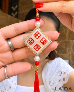 Handcrafted Red Mirror Work Pearl Bracelet Lumba Set - Rakhi