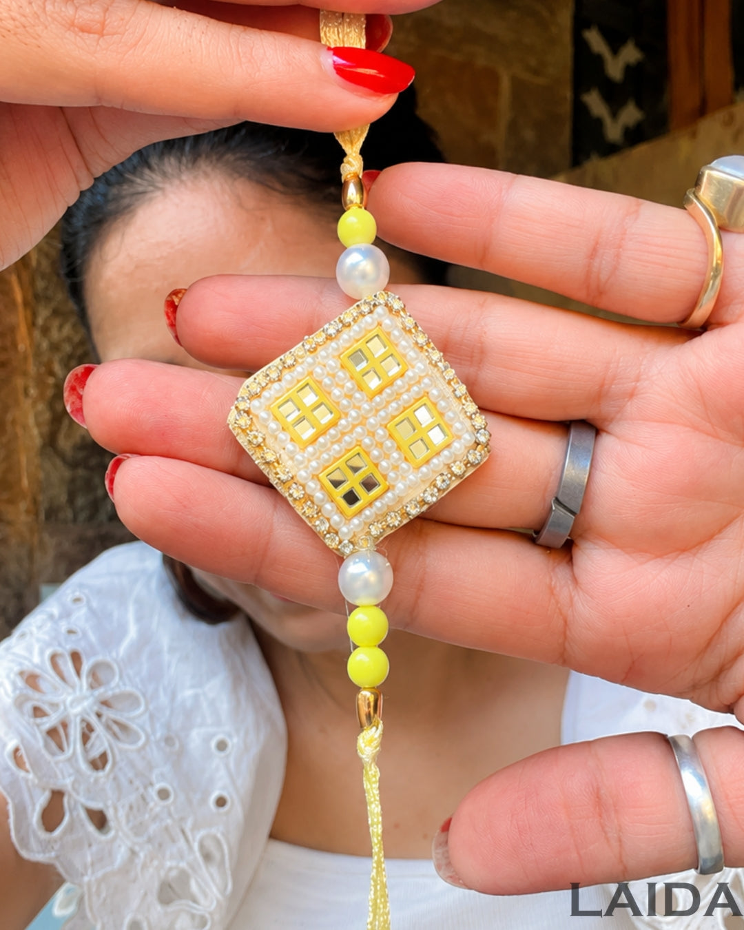 Handcrafted Yellow Mirror Work Pearl Bracelet Lumba Set - Rakhi
