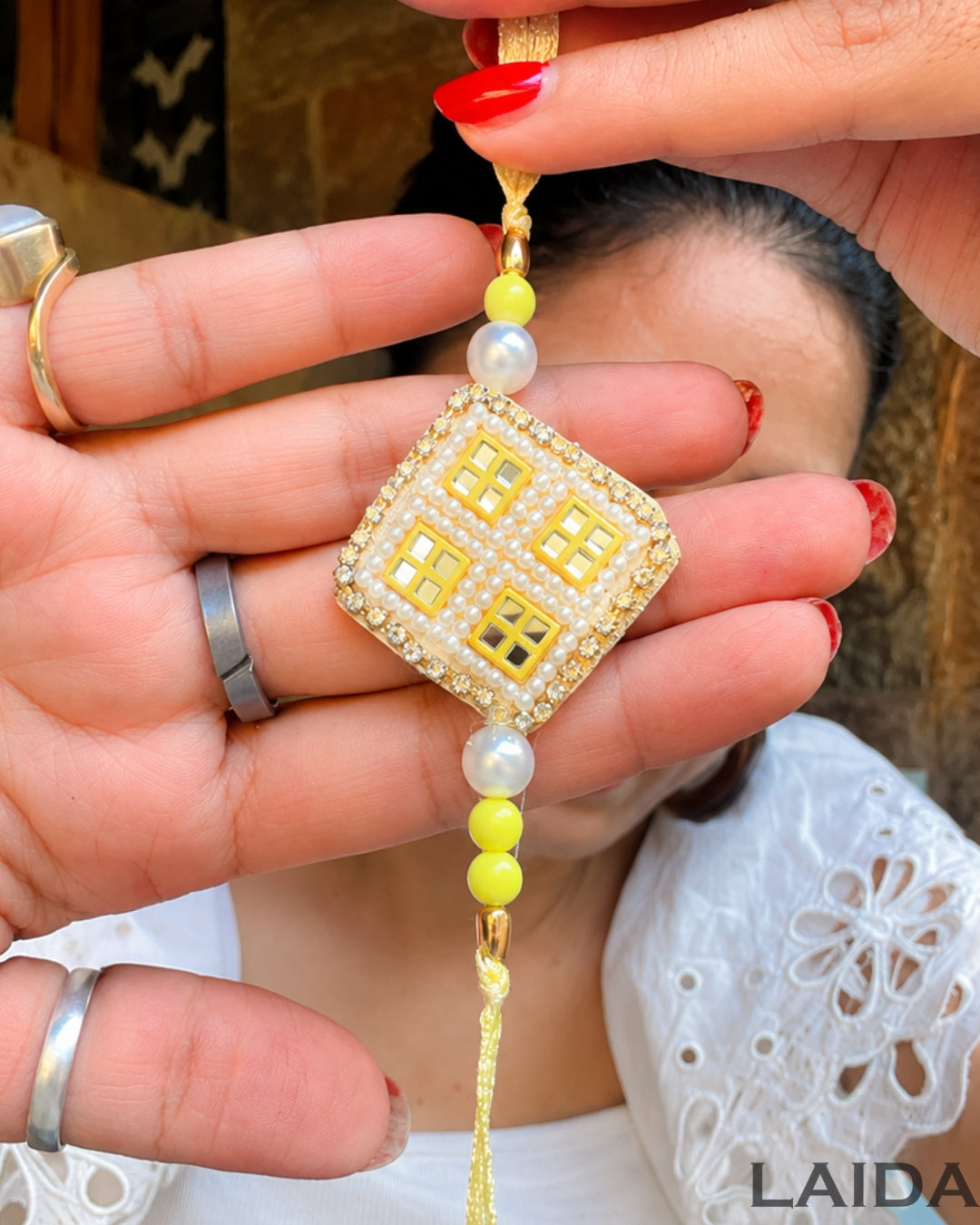 Handcrafted Yellow Mirror Work Pearl Bracelet Lumba Set - Rakhi