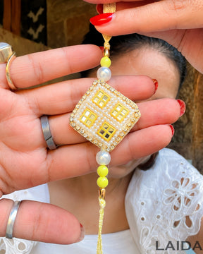 Handcrafted Yellow Mirror Work Pearl Bracelet Lumba Set - Rakhi