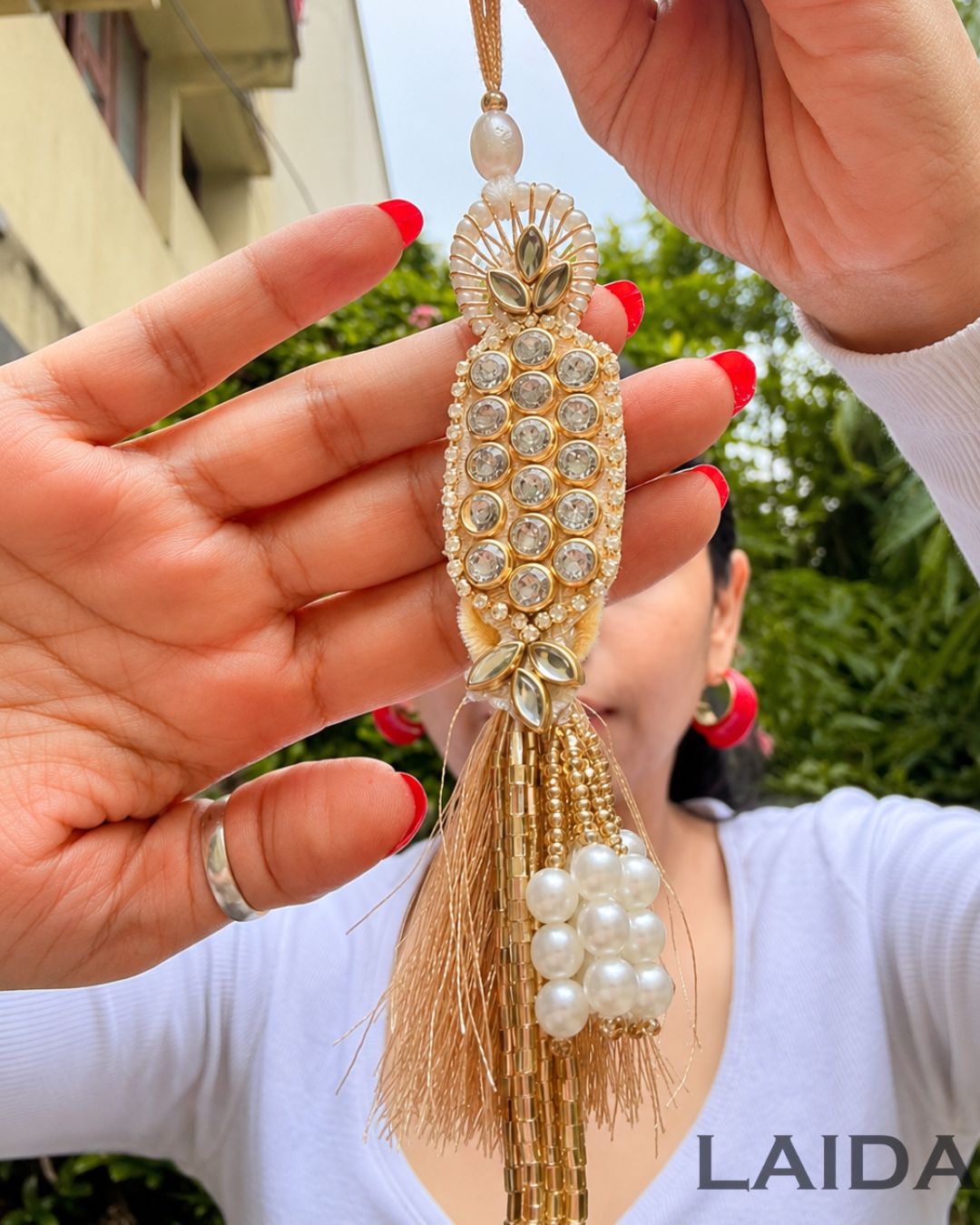 Handcrafted Golden Stone Beaded Lumba Set - Rakhi