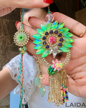Handcrafted Green Flower Tassel Lumba Set - Rakhi