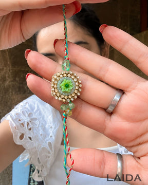 Handcrafted Green Flower Tassel Lumba Set - Rakhi