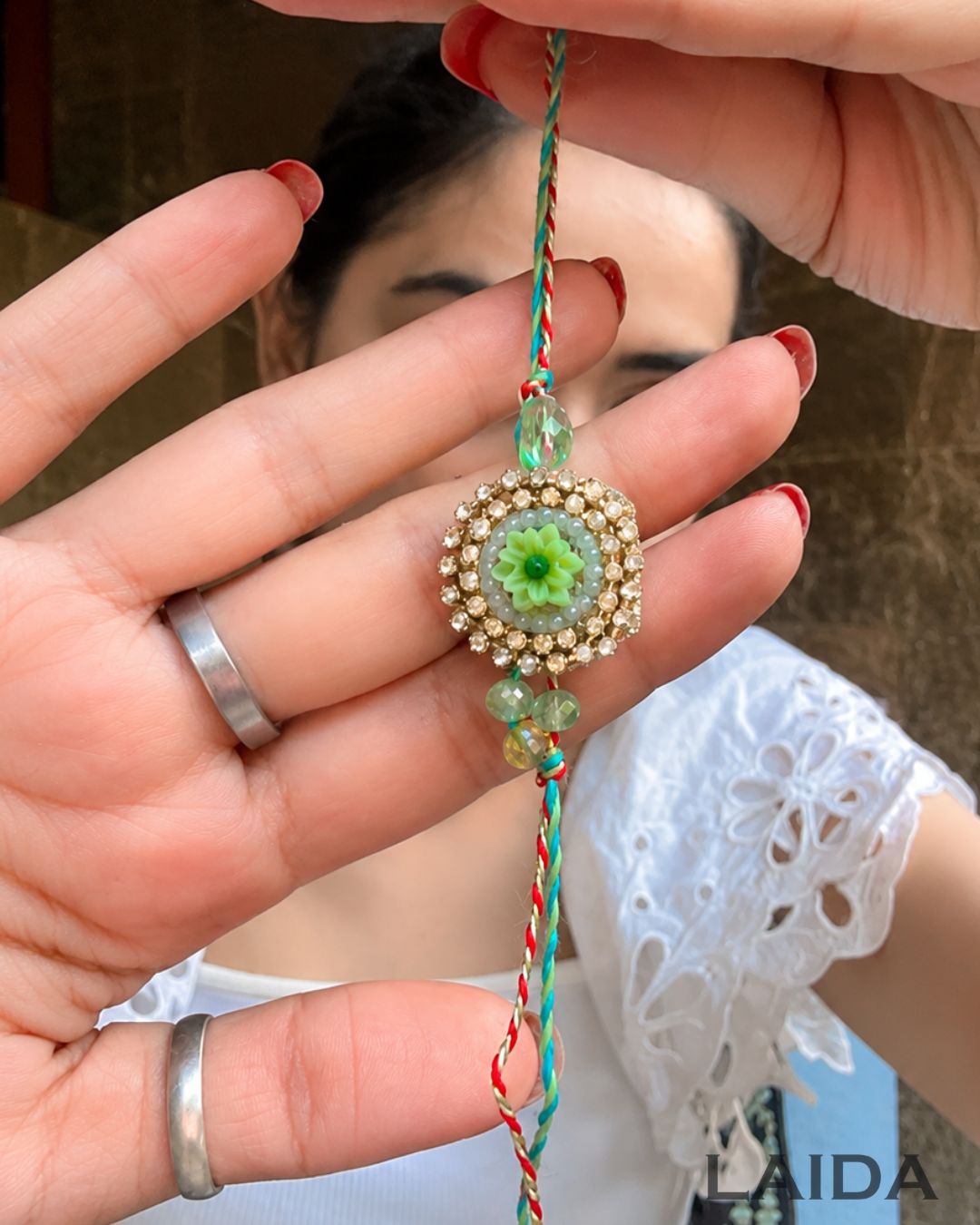 Handcrafted Green Flower Tassel Lumba Set - Rakhi