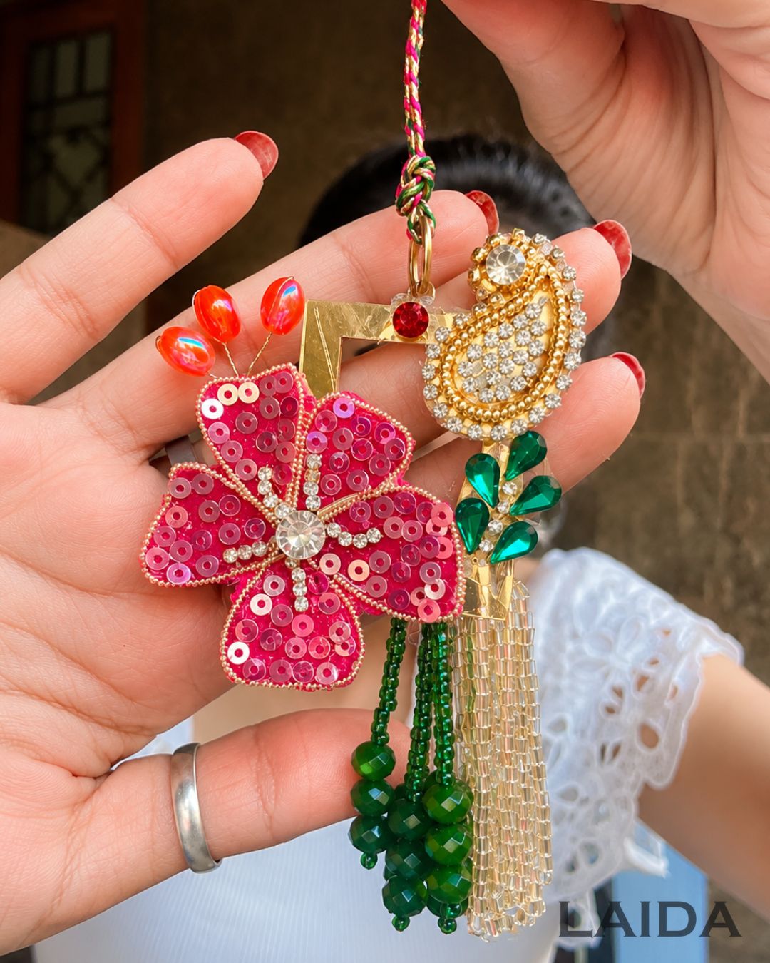 Handcrafted Pink Flower Tassel Lumba Set - Rakhi