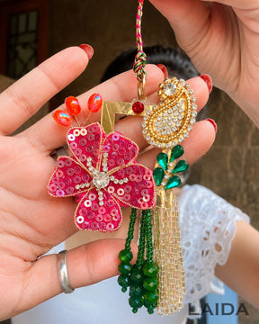 Handcrafted Pink Flower Tassel Lumba Set - Rakhi