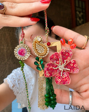 Handcrafted Pink Flower Tassel Lumba Set - Rakhi