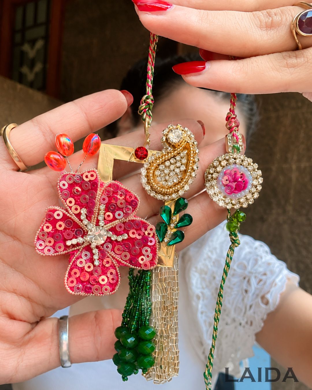 Handcrafted Pink Flower Tassel Lumba Set - Rakhi