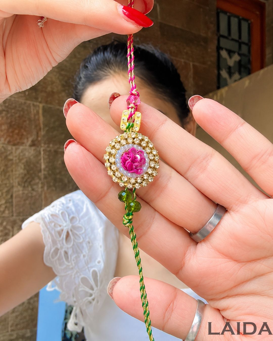 Handcrafted Pink Flower Tassel Lumba Set - Rakhi