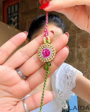 Handcrafted Pink Flower Tassel Lumba Set - Rakhi