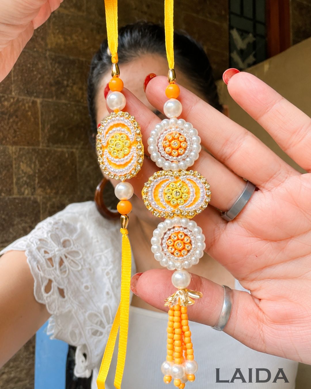 Handcrafted Yellow Pearl Beaded Lumba Set - Rakhi