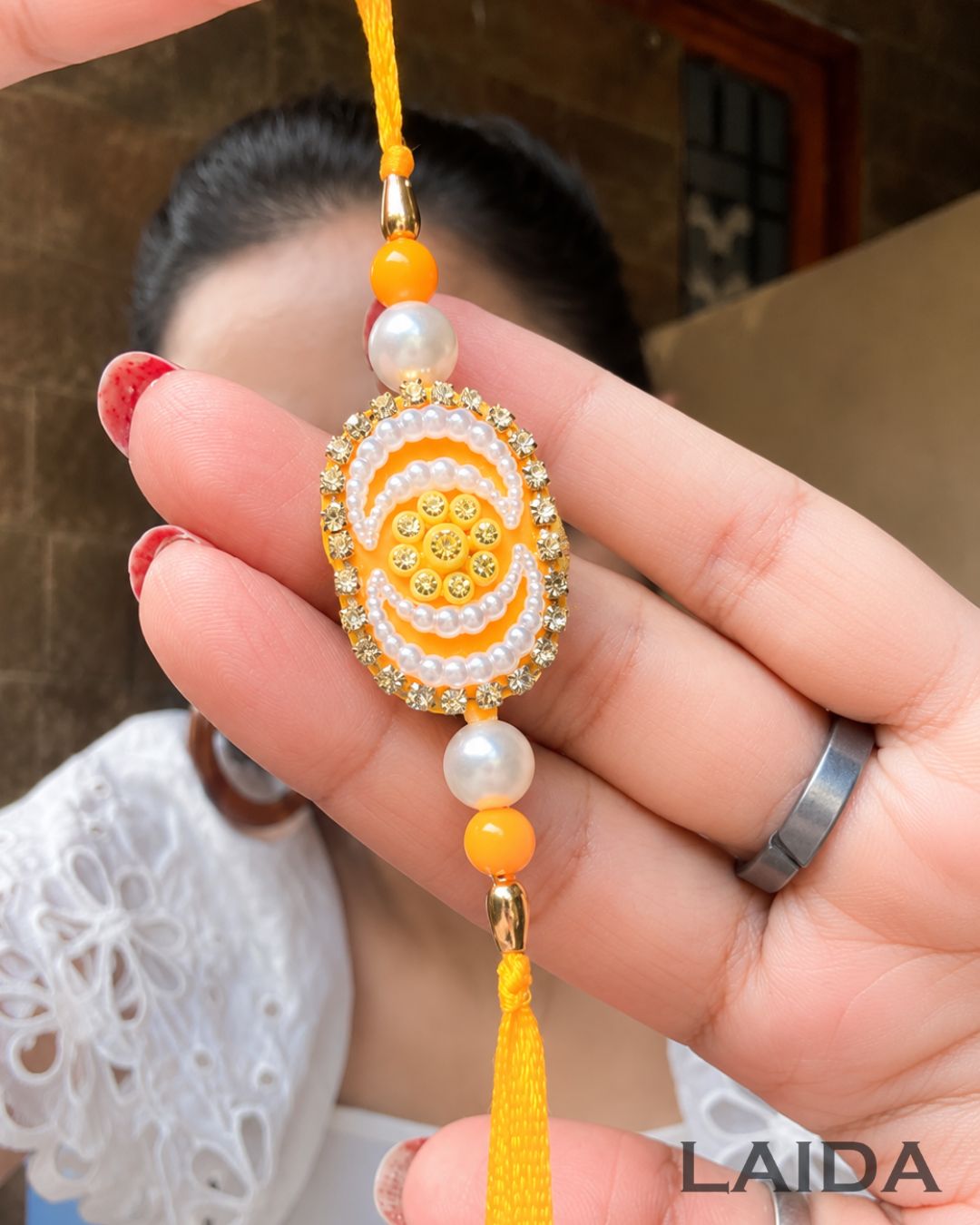 Handcrafted Yellow Pearl Beaded Lumba Set - Rakhi