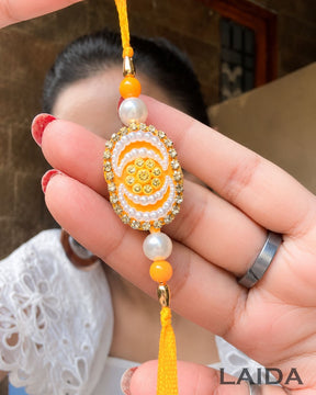 Handcrafted Yellow Pearl Beaded Lumba Set - Rakhi