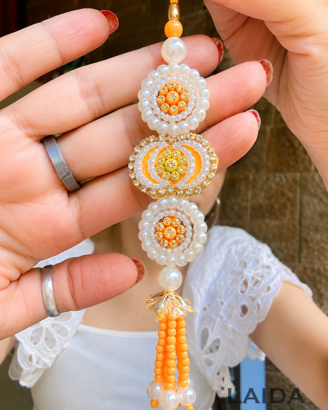 Handcrafted Yellow Pearl Beaded Lumba Set - Rakhi