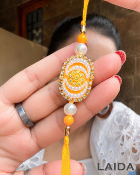 Handcrafted Yellow Pearl Beaded Lumba Set - Rakhi