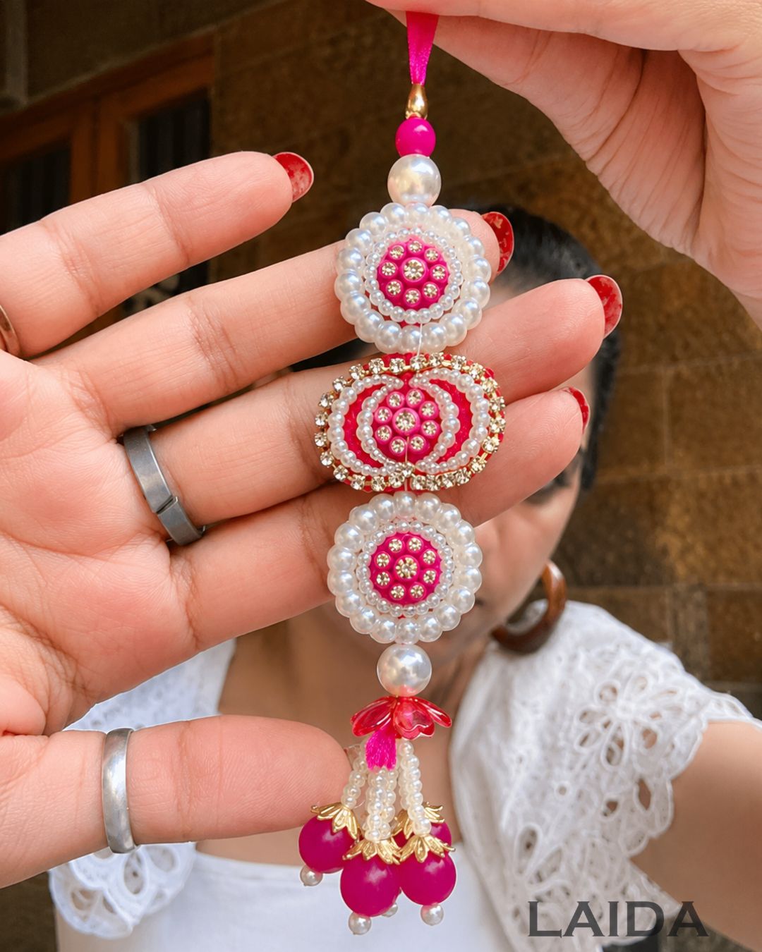 Handcrafted Pink Pearl Beaded Lumba Set - Rakhi