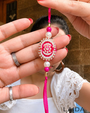 Handcrafted Pink Pearl Beaded Lumba Set - Rakhi