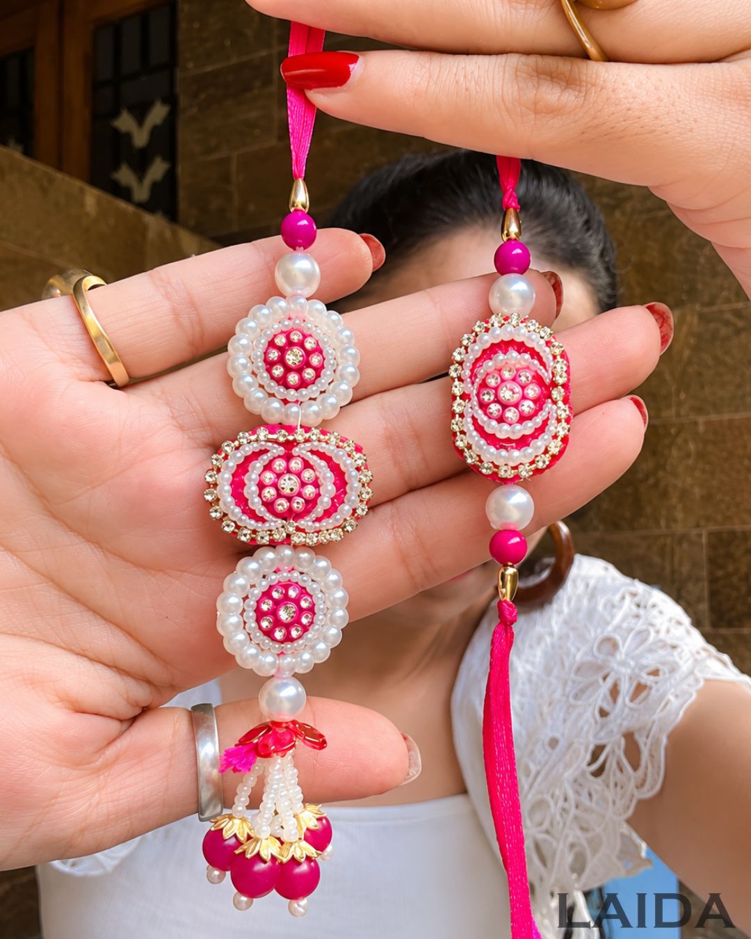 Handcrafted Pink Pearl Beaded Lumba Set - Rakhi
