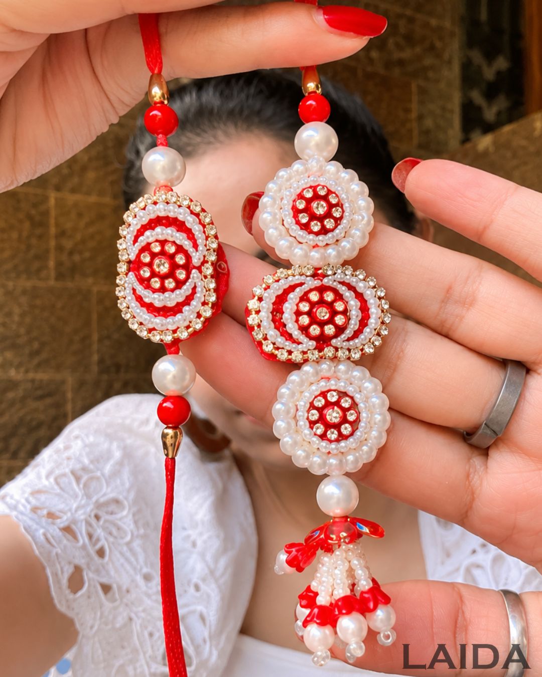 Handcrafted Red Pearl Beaded Lumba Set - Rakhi