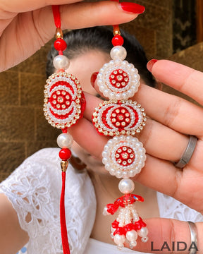 Handcrafted Red Pearl Beaded Lumba Set - Rakhi