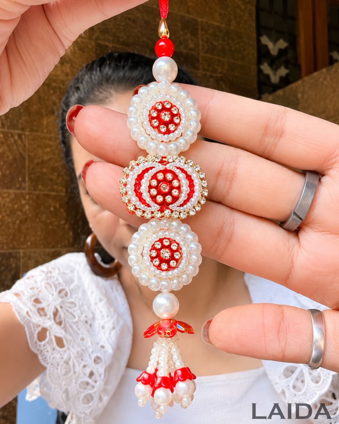 Handcrafted Red Pearl Beaded Lumba Set - Rakhi