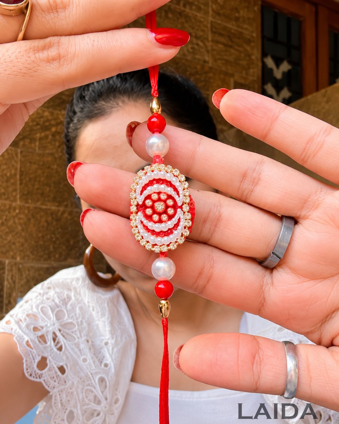 Handcrafted Red Pearl Beaded Lumba Set - Rakhi
