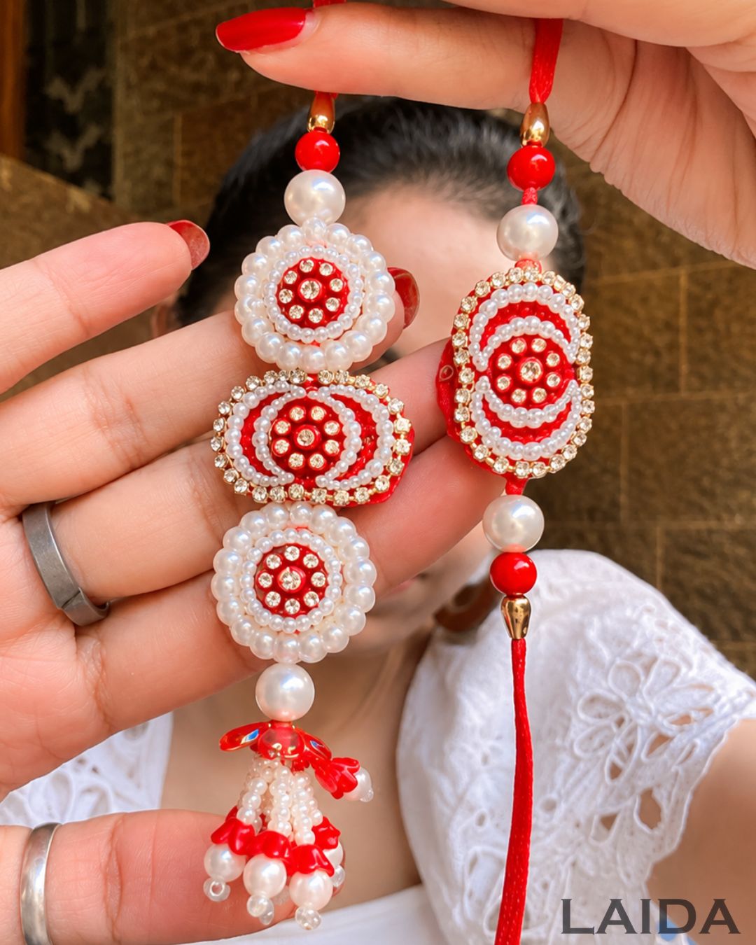 Handcrafted Red Pearl Beaded Lumba Set - Rakhi