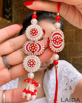 Handcrafted Red Pearl Beaded Lumba Set - Rakhi