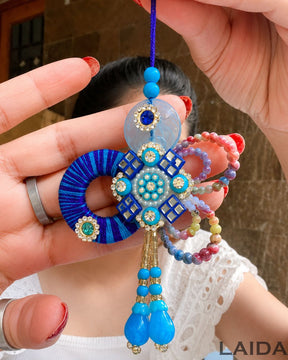 Handcrafted Blue Mirror Beaded Lumba Set - Rakhi