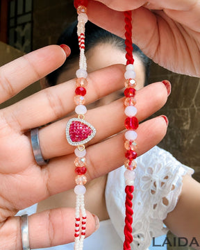 Handcrafted Red Beaded Ruby Bracelet Lumba Set - Rakhi