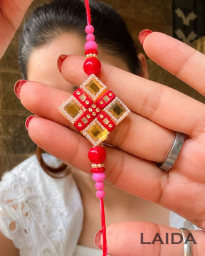 Handcrafted Red Mirror Beaded Lumba Set - Rakhi